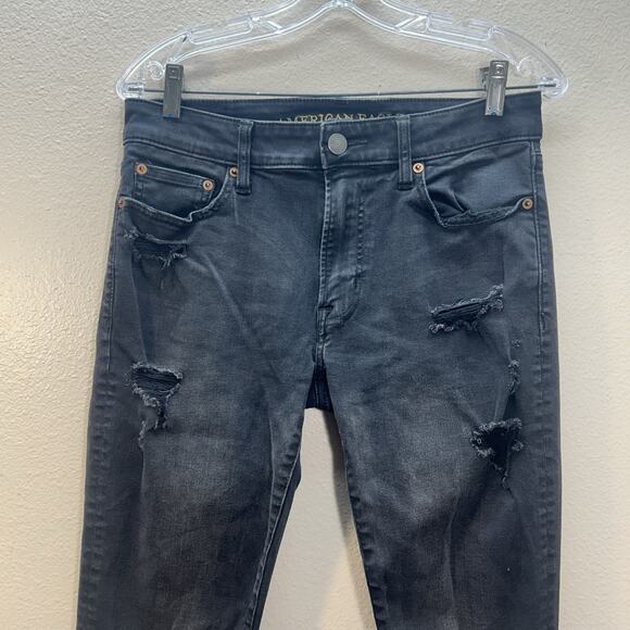 American Eagle Next Level Flex Slim Black Distressed Ripped Jeans Mens Sz 30x30 - Picture 2 of 8
